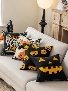 1pc Halloween Ghost& Witch& Spider& Pumpkin Exquisite Embroidery Cushion Pillowcase, Decorated For Multiple Room Types And Sizes, Machine Washable, Zipper Closure, No Pillow Core Home Decor Halloween Decor Room Decor Pillow Case Pillow Cases Cushion Cover Cushion Covers