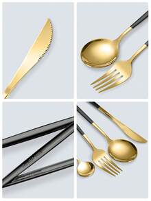 1/4/16/24/32pcs Stainless Steel Western Tableware Set - Including Table Forks, Soup Spoons And Teaspoons, Suitable For Cafe, Party, Wedding, Restaurant And Daily Use, Kitchen, Christmas Gift - gold+black - View 4