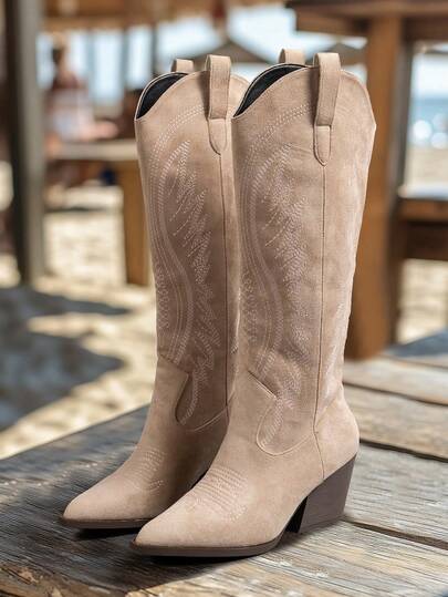Botas vaqueras altas con puntera puntiaguda, tacón grueso y bordados para otoño/invierno para mujer