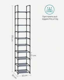 SONGMICS Scarpiera Ingresso a 10 Ripiani, Scaffale Portascarpe, Scarpiera Compatta, 33 x 33 x 173 cm, Telaio in Metallo, Ripiani in Tessuto Non Tessuto, Corridoio, Camera da Letto, Grigio - Grigio - Visualizzare 7