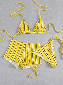 全新性感欧美风格女式吊带条纹上衣和系带泳衣下装和短裤三件套比基尼泳装套装 - 黃色 - 查看 7