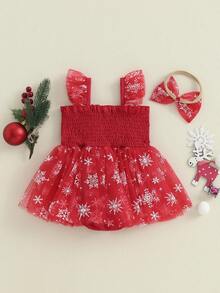 Newborn Baby Girl Christmas Outfit, 1st Christmas Dress Sleeveless Stars Bows Tulle Patchwork Romper Dress With Hairband - 白色 - 查看 6