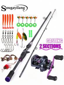 SOUGAYILANG Baitcasting 全套钓鱼套装：碳纤维两节鱼竿和 8+1 轴承渔线轮 | 8 公斤（17.8 磅）拖拽力 | 全套装备包括鱼线、拟饵、鱼饵和配件 | 颜色/款式可能有所不同 - 紫色 - 查看 2
