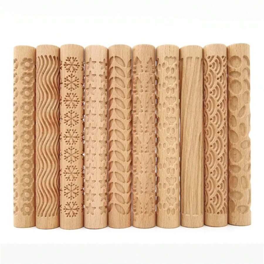 Rodillo con textura de madera, arte de cerámica, varilla en relieve, patrón de flores, rollo de barro, alivio, herramienta artesanal de arcilla - J - Ver 1