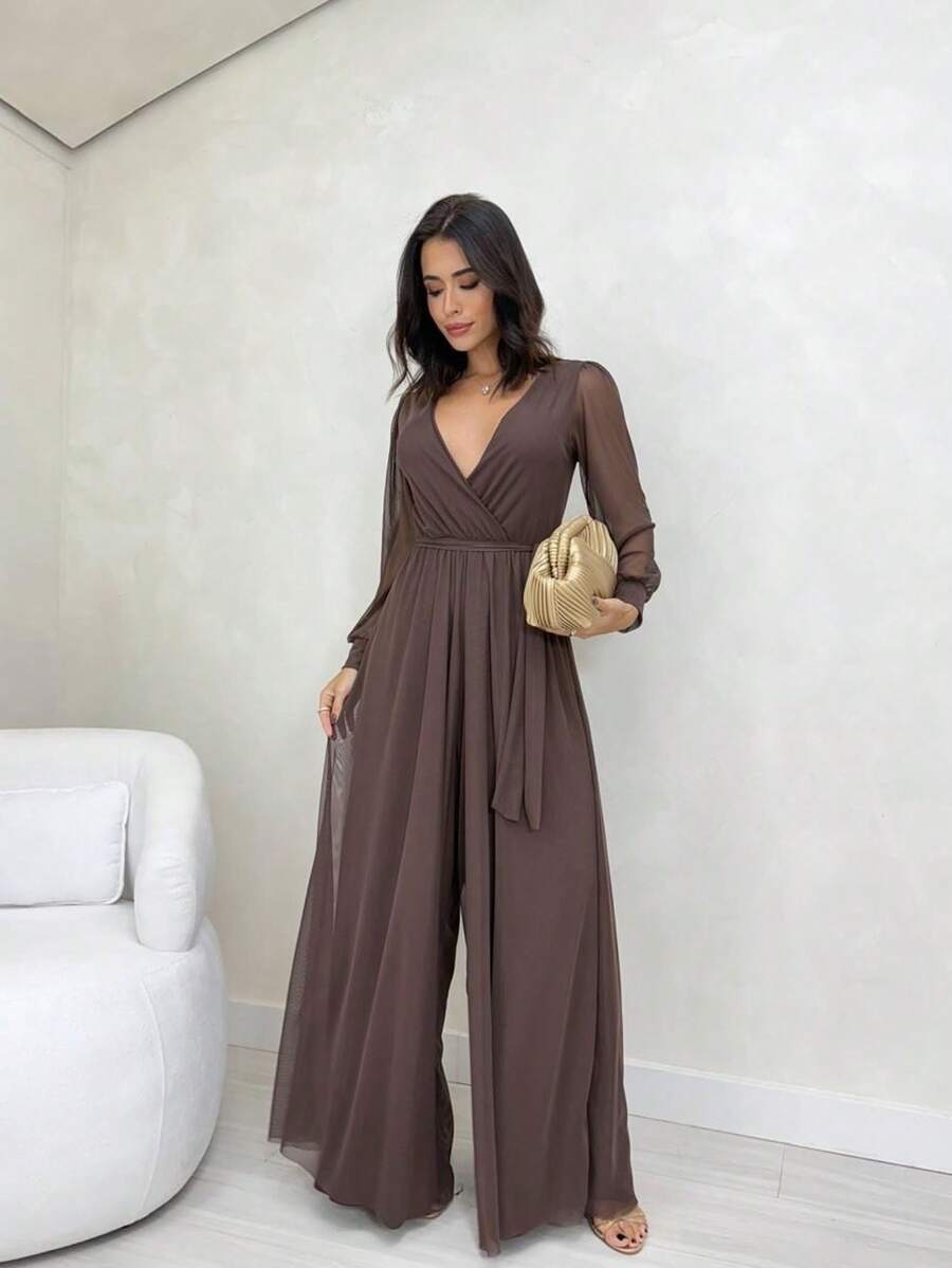 Elegante Macacão Feminino Manga Longa Soltinho Com Cinto Forrado soltinho Ano Novo