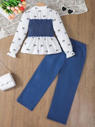 Purechapter Tween Girls Fashion Color Block Bow Print Waist Long Sleeve Shirt & Elastic Waist Pants Set