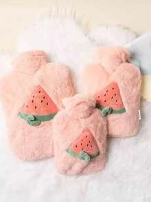1pc Unisex Cartoon Fruit Pattern Flocked Large Capacity Hot Water Bottle, Refillable, Anti-Explosion, Anti-Leakage, Detachable, Warm Hand Warmer, Suitable For Winter Outdoor Camping, Travel, Home, Office, School, Dorm, Daily Use - Multicolor - View 3
