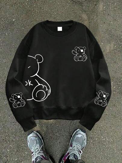 1PC Boy Street Style Cartoon Bear Print Crew Neck Sweatshirt, Soft And Comfortable, Spring Autumn Daily Casual Wear