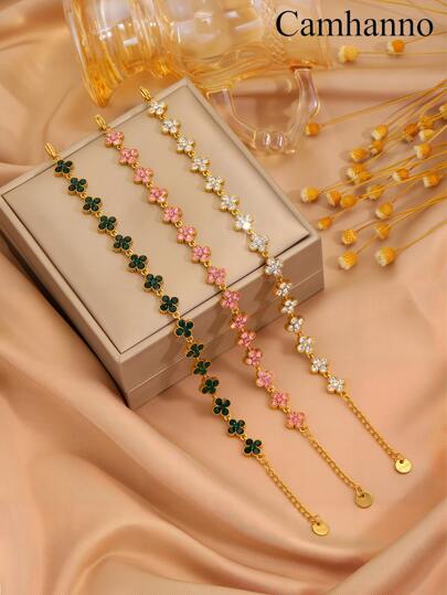 Camhanno 1 Pc Elegant And Exquisite Stainless Steel Bracelet, Creatively Designed With Four Leaf Flowers, Perfect Holiday Gift