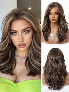 20英寸长波浪棕色渐变合成假发，中分金色卷发，适合女性日常、派对、角色扮演、度假、家庭聚会、母亲节、万圣节、圣诞节等场合佩戴，也可作为礼物送给女朋友。 - 挑染棕色 - 查看 3