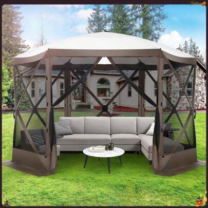 Easily Assembled 12x12 Feet Pop-Up Gazebo With Six-Sided Mosquito Netting, Waterproof And UV Protection, Portable Outdoor Shelter For Camping And Parties, Including Carry Bag And Ground Spikes, Brown.