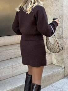 DEEKA Autumn/Winter New Women's Gold Button Crew Neck Fitted Long Sleeve Knit Cardigan & High Waist Elastic Mini Skirt Set - Brown - View 9