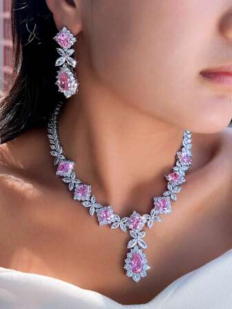 1 套惊艳粉色方晶锆石长花吊坠耳环和项链，镀银女士婚礼订婚新娘首饰套装，适合宴会、派对、舞会、选美、新娘、伴娘