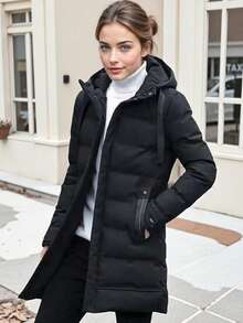 女士加厚羽绒服，长款加厚羽绒服，女士冬季拉链长袖外套，女士连帽长款加厚羽绒服，秋冬外套，女士休闲拉链蓬松连帽长款加厚羽绒服 - 秋冬