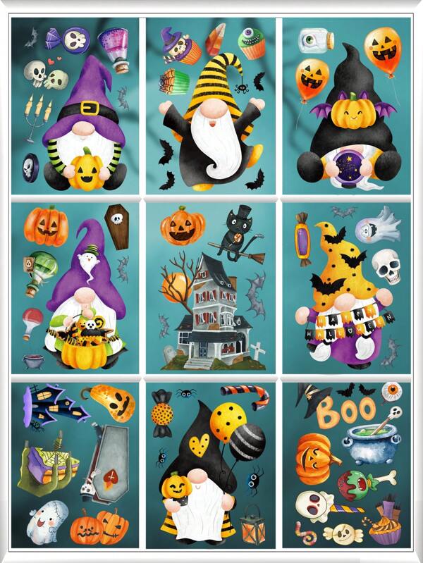 9 pièces/set Autocollants décoratifs d'Halloween, convient pour la maison, le bureau, la décoration de porte vitrée de salle de classe pour la fête d'Halloween