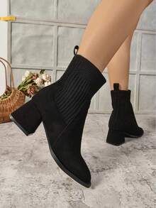 1 Par de Botas Femininas de Cor Sólida, Sexy, Retalhos de Tecido, Cano Médio, Salto Grosso, Adequado para Festa, Todas as Estações