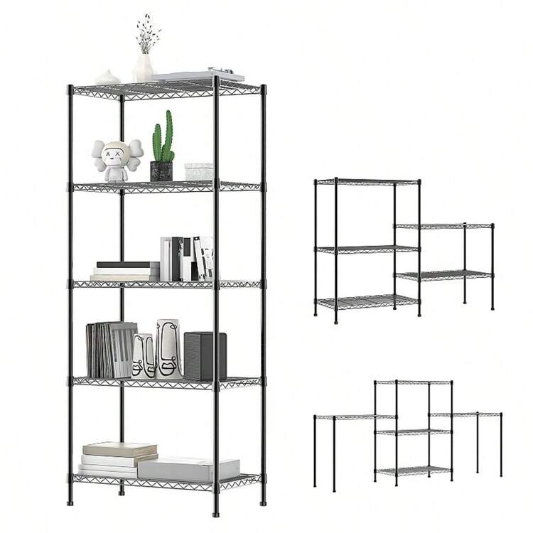 Vandise Adjustable Metal Storage Shelves (3/4/5 Tiers) | Modular Organizer Rack For Kitchen, Bathroom, Office | Customizable Layout - Black - View 1