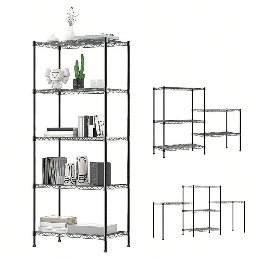 Vandise Adjustable Metal Storage Shelves (3/4/5 Tiers) | Modular Organizer Rack For Kitchen, Bathroom, Office | Customizable Layout - Black - View 1