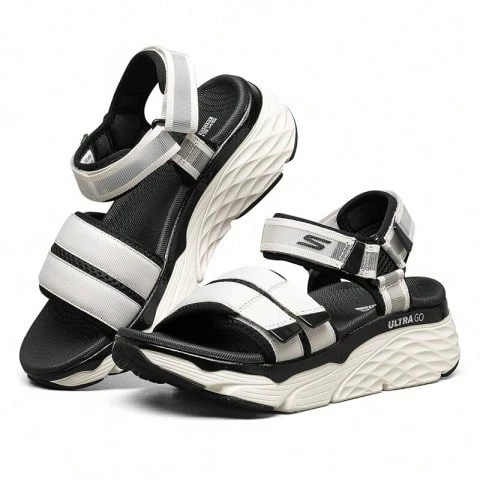 Skechers 夏季女鞋耐磨透氣鬆糕底休閒沙灘涼鞋 - 黑與白 - 查看 1