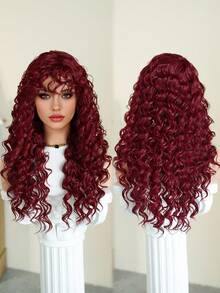 7JHH WIGS 24英寸惊艳蓬松卷曲红色假发，女士款 - 长款蓬松深波浪酒红色假发，带刘海，采用耐热合成纤维制成，适合日常佩戴、音乐节庆典派对角色扮演 - 服装假发配饰 - 毕业礼物 - 酒紅色 - 查看 6