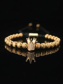 HOTNICE A Men's Fashionable Crown Charm Bracelet, Stainless Steel Adjustable Beads, Synthetic Cubic Zirconia, Thanksgiving/Christmas/Father's Day Jewelry Gift - Gold - View 6