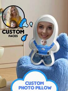A Pillow That Can Be Customized For Two People's Photos, With Blue Overalls Holding A Baby, Suitable For Birthday Parties, Father's Day, Mother's Day, Halloween, Christmas, Christmas Eve, Valentine's Day, Birthdays, Personalized Day, Thanksgiving, Easter, April Fool's Day, Carnival, School Day, National Day