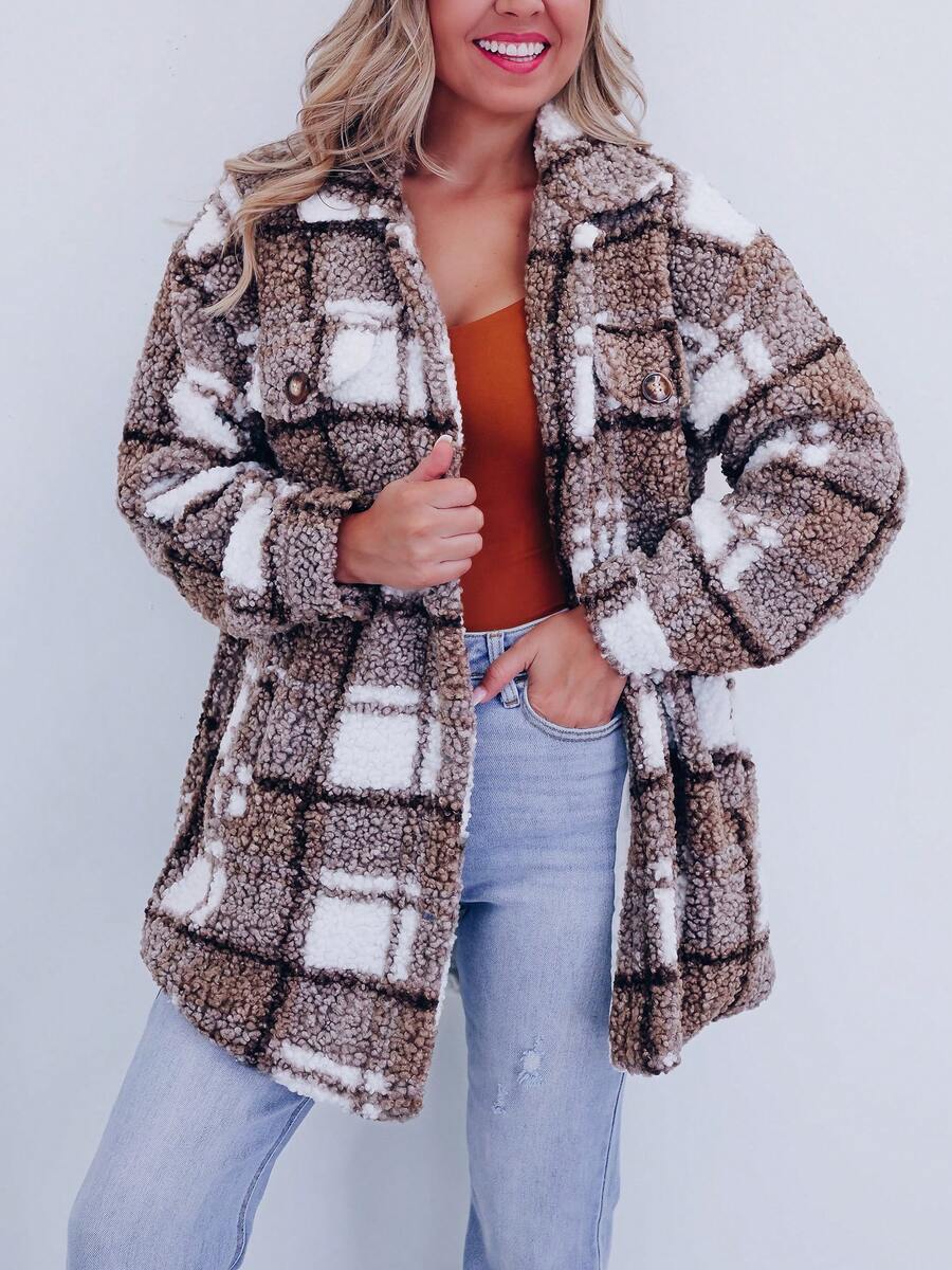 1 Pcs Polar Fleece Plaid Sherpa Jacket, Casual Lapel Long Sleeve Mocha Brown Jacket, Plaid Pattern, Slant Pockets, Teddy Bear Jacket, Non-Stretch, Lined, Front Button Open Placket, Flannel - Perfect For Winter Comfort - Mocha Brown - View 1