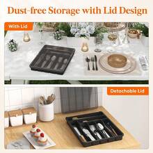 Fast Delivery Lifewit Silverware Organizer With Lid, Covered Utensil Tray Kitchen Drawer And Countertop, Plastic Cutlery And Flatware Storage Box Spoons Forks Knives Holder, 6 Compartments, Black Quality Assurance 9GUQ - màu đen - Xem 3