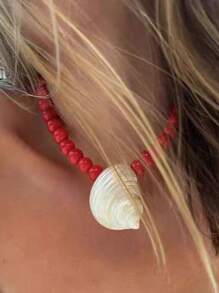 1pc Red Seashell Beaded Necklace, Elegant Sexy Glossy Pearl Jewelry Gift For Women, Party Accessory, Suitable For All Year Round, Special Occasion Jewelry, High Quality Pearl Strand, Romantic Gift