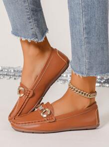 棕色平底乐福鞋，新款春秋蝴蝶水钻圆头休闲一脚蹬舒适驾车鞋