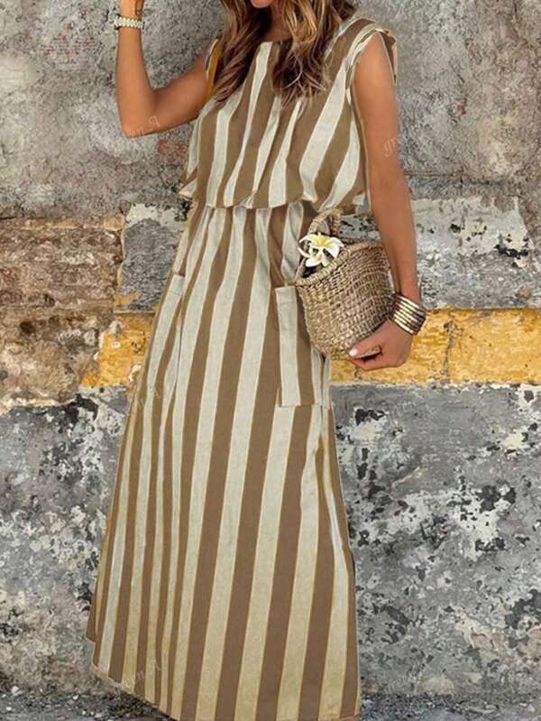 Robe longue élégante et décontractée pour femme, à col rond, à rayures, avec deux poches, pour les vacances