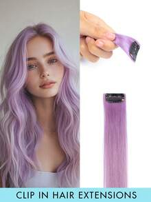 1pc Clip-In Hair Extension, Human Hair, Colorful Hair Extension, Red Clip-In Human Hair, Rainbow Color Party Highlights, Straight Hair Piece, For Women And Girls, Cosplay Clip-In Hair Extension, Purple, Halloween Costume And Christmas - Multicolor - View 18