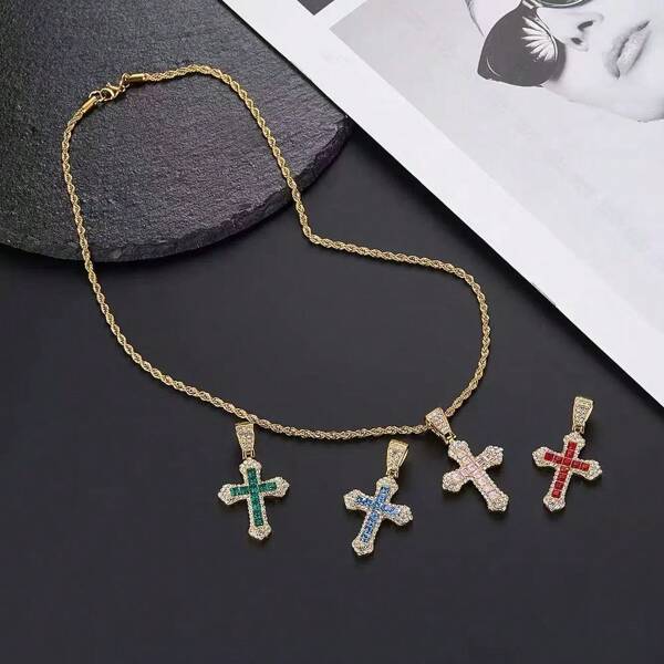 1pc Punk Hip-Hop Style Colorful Rhinestone Cross Pendant Long Necklace, Suitable For Men To Wear To Parties Or Daily Outfits, Also Can Be A Gift For Men