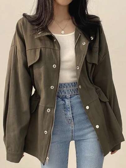 Abrigo tipo gabardina para mujer Chaqueta estilo retro de otoño para mujer, con diseño de bolsillos falsos, cordón para ajustar la cintura, favorecedora y estilo workwear.