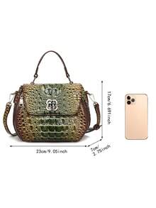 Classic Solid Color Mini Square Handbag, Crocodile Pattern Top Handle Bag For Women - 1#綠色+棕色 - 查看 8