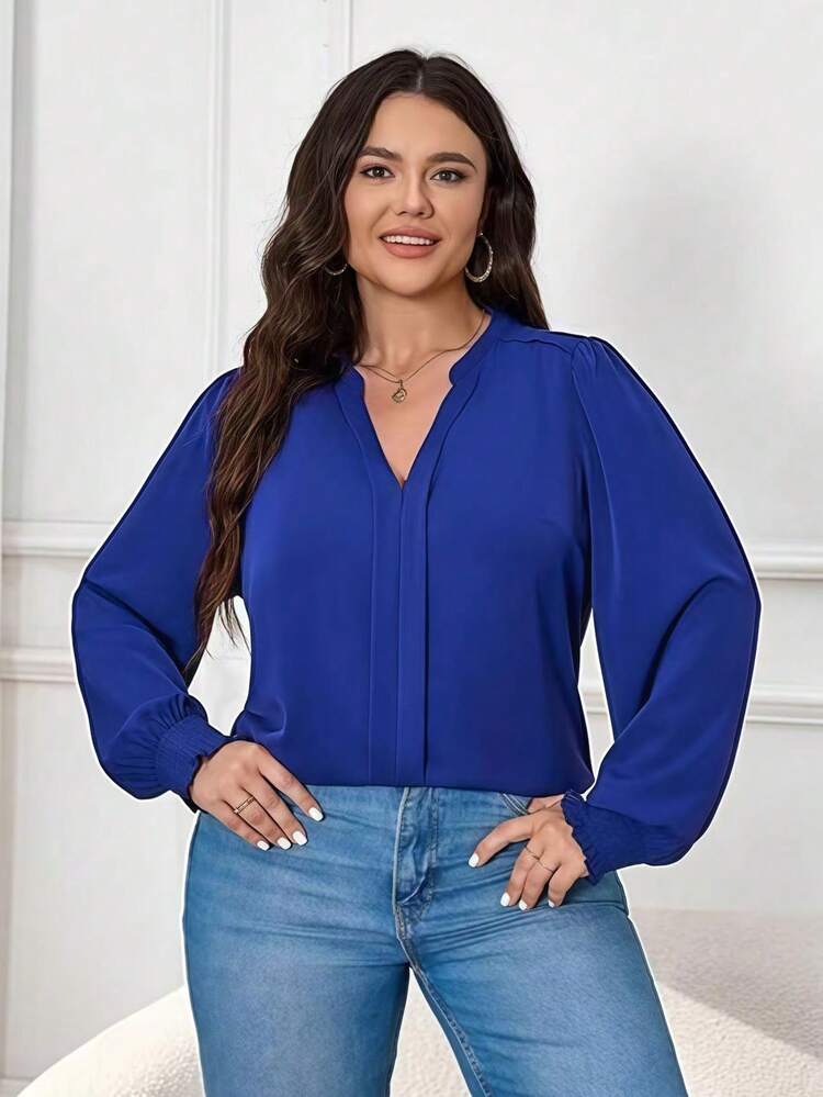 Büyük Beden Düz Renk Dokuma Kumaş Çentik Yaka Uzun Kollu Gömlek - Mavi - Görünüm 3