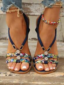 Women's Flat Sandals With Elastic Straps & Floral Design – Perfect For Beach Days And Travel,Plus Size Women's Sandals11 - 黑色 - 查看 1