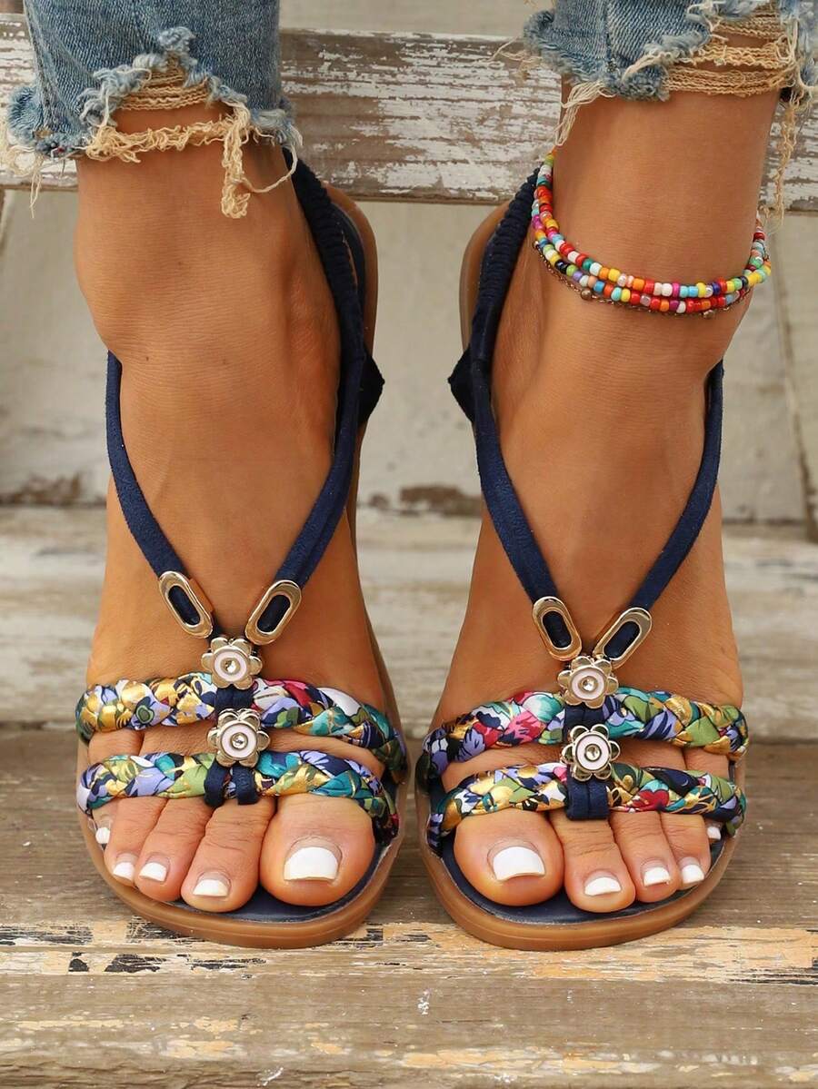 Women's Flat Sandals With Elastic Straps & Floral Design – Perfect For Beach Days And Travel,Plus Size Women's Sandals11 - 黑色 - 查看 1
