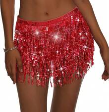 Halloween  Halloween Essentials  Party Limited Edition  Women's Belly Dance Scarf Skirt Sparkly Tassel Disco Outfits Sequin Wrap Rave Costumes Fringe Skirt - 紅色 - 查看 1