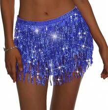 Halloween  Halloween Essentials  Party Limited Edition  Women's Belly Dance Scarf Skirt Sparkly Tassel Disco Outfits Sequin Wrap Rave Costumes Fringe Skirt - 寶藍色 - 查看 1