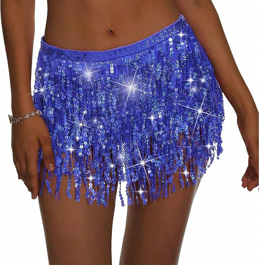 Halloween Halloween Essentials Party Limited Edition Women's Belly Dance Scarf Skirt Sparkly Tassel Disco Outfits Sequin Wrap Rave Costumes Fringe Skirt - 寶藍色 - 查看 1