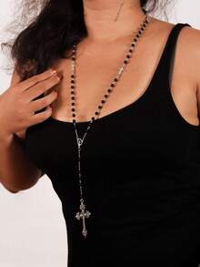 1pc Black Crystal Rosary Necklace Long Cross Pendant For Men Women Religious Y Necklace Jewelry - Black - View 3