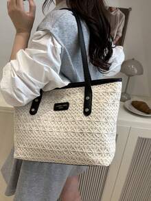 1 件黑色尼龙面料顺滑拉链铆钉镂空图案设计时尚百搭休闲夏季新款小众大容量单肩托特包，适合女性日常使用 - 黑色 - 查看 7