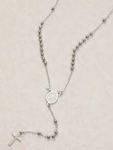 1pc Fashionable Versatile Steel-Color Rosary Necklace - Silver - View 5