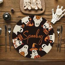 1/2/4pcs Ghost Pattern Halloween Round Placemats, Black Holiday Round Dining Table Mats, Suitable For Party, Kitchen, Dining, Breakfast, Coffee Decor