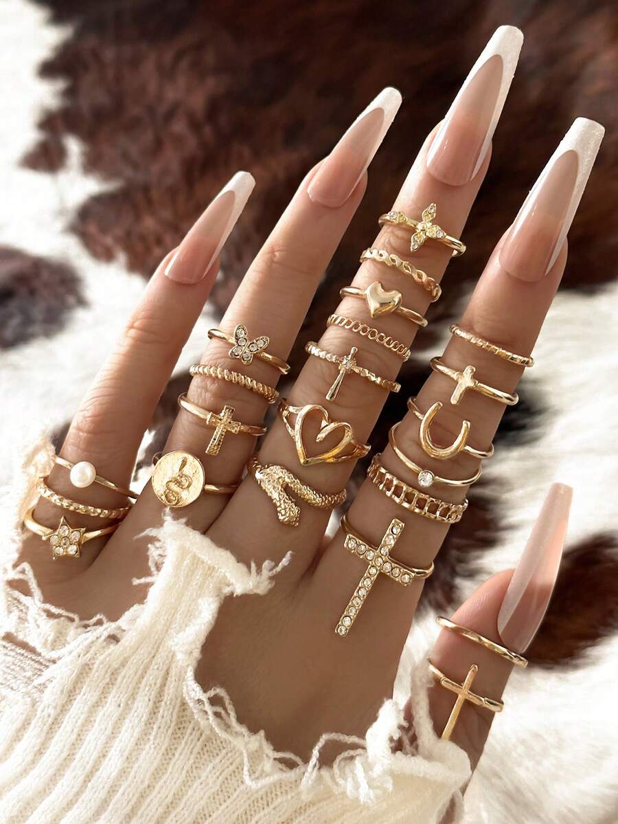 22pcs Fashionable Punk Inspired Cross, Snake, Heart Rhinestone Decor Open Ring Set, Versatile For Daily Wear, Gatherings, Parties, Street Style - Yellow Gold - View 1