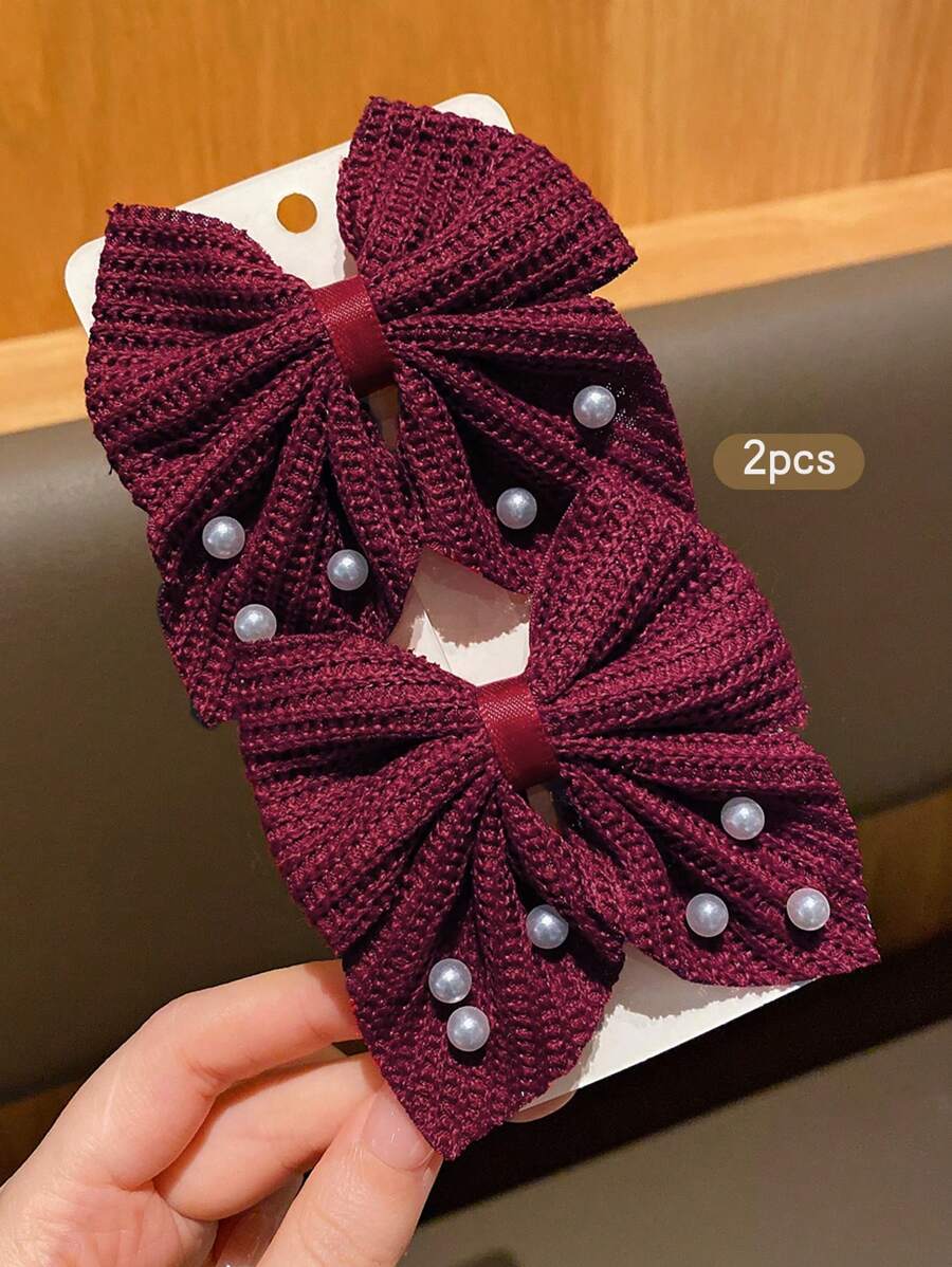 2pcs Fashionable & Sweet Bowknot Hair Clips, Suitable For Daily Use - Burgundy - View 1