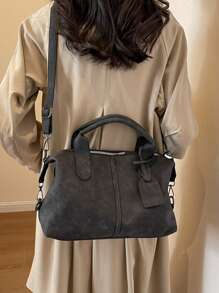 新款复古PU皮女士手提包，时尚拉链单肩包，配可拆卸肩带，女士工作旅行二合一包，灰色、黑色、绿色 - 黑色 - 查看 7