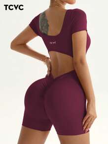 TCVC Women's Backless Short Sleeve Jumpsuit, Sexy Open Back, Seamless Knit Romper, Indoor/Outdoor Sports Yoga, Skin-Friendly Fabric, Tight-Fitting Shaping Jumpsuit Shapewear Bodysuit - Purple - View 1