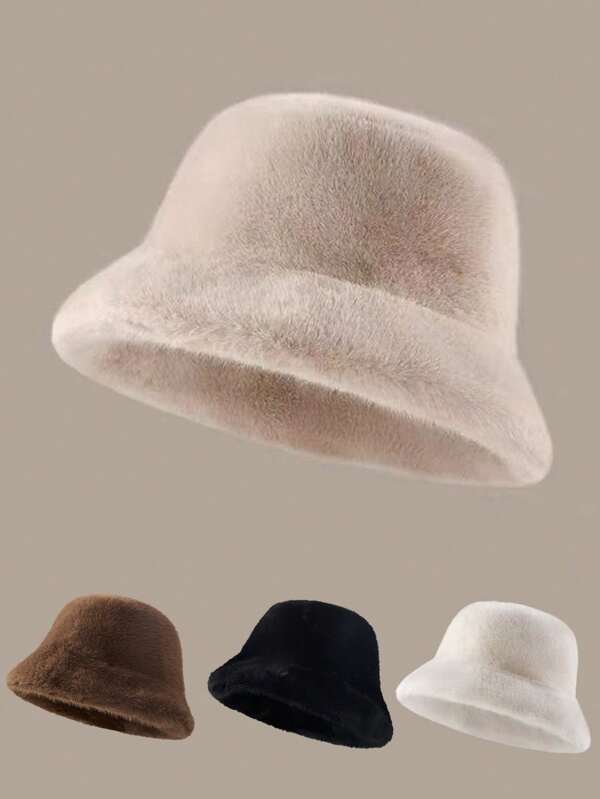 Autumn/Winter Plush Hat For Women, Fashion Warm New Fuzzy Bucket Hat, Versatile Solid Color Casual Polyester Windproof Beanie Cap Autumn Outfits
